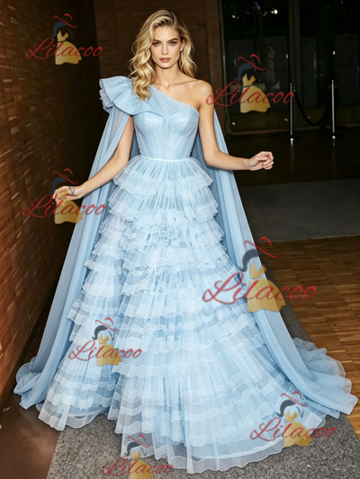 Blue Tulle One Shoulder Prom Dress