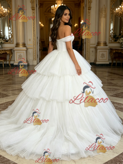 White Tulle Off the Shoulder Tiers Quinceanera Dress