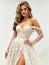 Beige White Tulle Long Sleeve Appliques Prom Dress