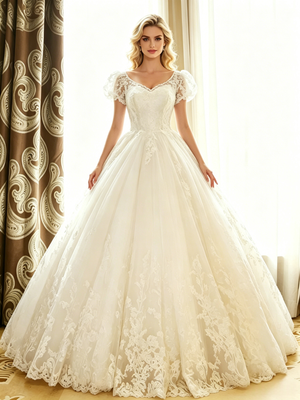 White Lace V-neck Cap Sleeve Wedding Dress