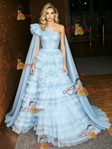 Blue Tulle One Shoulder Prom Dress