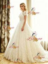 White Lace V-neck Cap Sleeve Wedding Dress