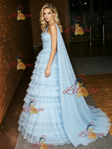 Blue Tulle One Shoulder Prom Dress