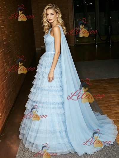 Blue Tulle One Shoulder Prom Dress