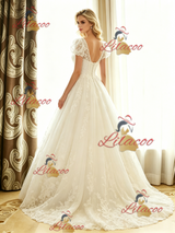 White Lace V-neck Cap Sleeve Wedding Dress