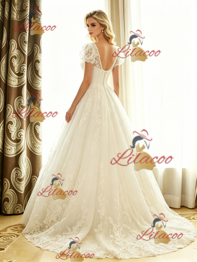 White Lace V-neck Cap Sleeve Wedding Dress