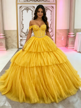 Yellow Tulle Off the Shoulder Beading Quinceanera Dress