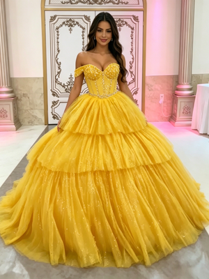 Yellow Tulle Off the Shoulder Beading Quinceanera Dress