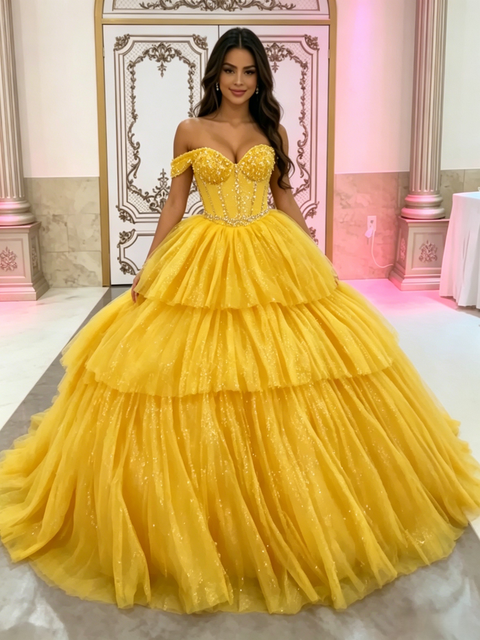 Yellow Tulle Off the Shoulder Beading Quinceanera Dress