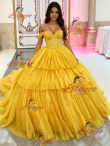 Yellow Tulle Off the Shoulder Beading Quinceanera Dress
