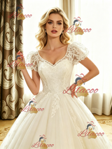 White Lace V-neck Cap Sleeve Wedding Dress