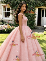 Pink Sequins Straps Quinceanera Dress