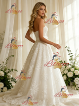 Beige Wite Tulle Appliques Strapless Wedding Dress