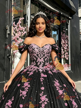 Black Tulle Off the Shoulder Appliques Quinceanera Dress