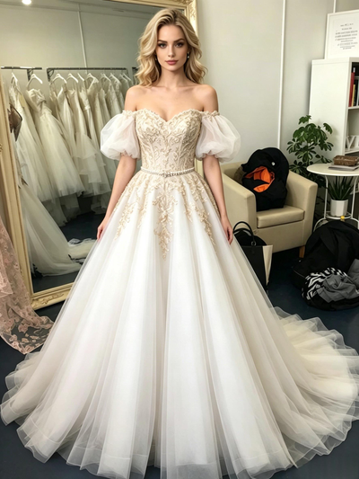 Tulle Off the Shoulder Appliques Prom Dress