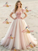Pink Tulle Puff Sleeve Wedding Dress