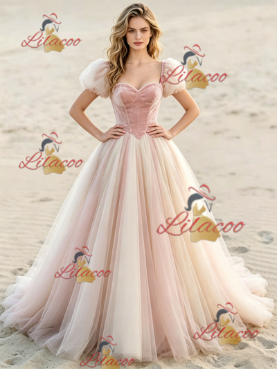 Pink Tulle Puff Sleeve Wedding Dress