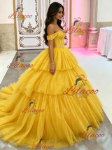 Yellow Tulle Off the Shoulder Beading Quinceanera Dress