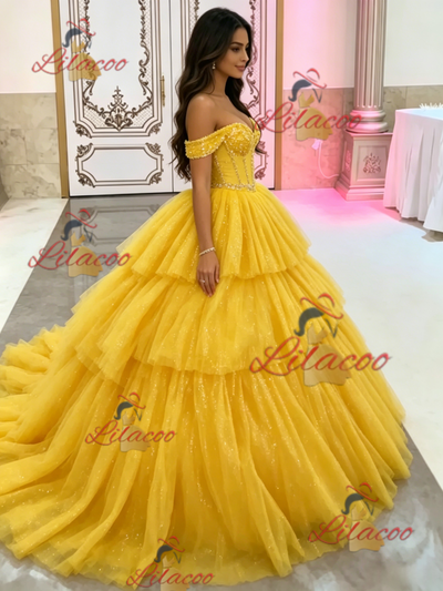 Yellow Tulle Off the Shoulder Beading Quinceanera Dress