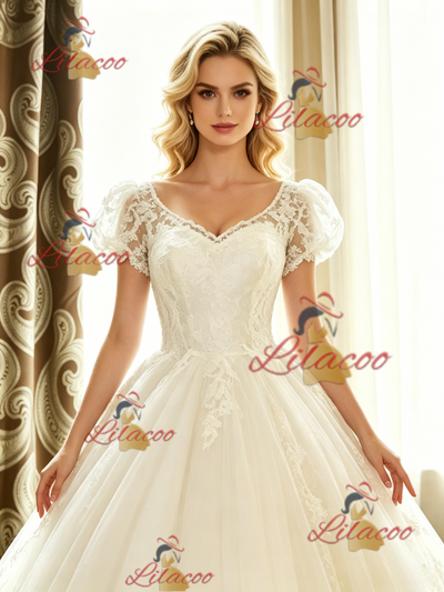 White Lace V-neck Cap Sleeve Wedding Dress