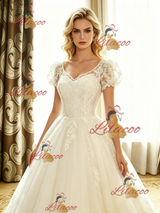 White Lace V-neck Cap Sleeve Wedding Dress