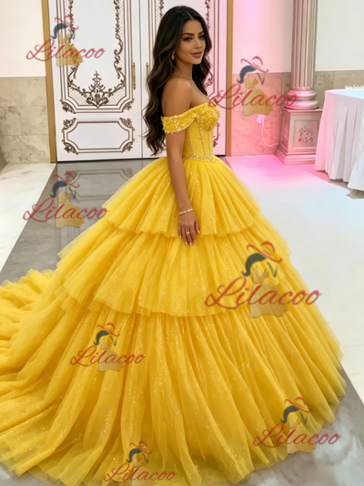 Yellow Tulle Off the Shoulder Beading Quinceanera Dress