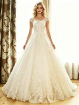 White Tulle Lace Cap Sleeve Wedding Dress