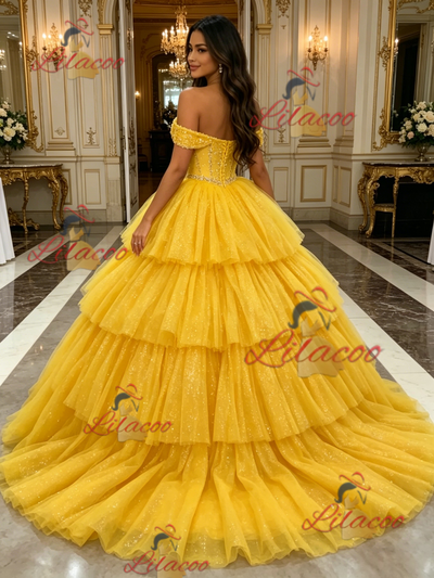 Yellow Tulle Off the Shoulder Beading Quinceanera Dress