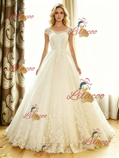 White Tulle Lace Cap Sleeve Wedding Dress
