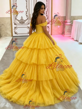Yellow Tulle Off the Shoulder Beading Quinceanera Dress