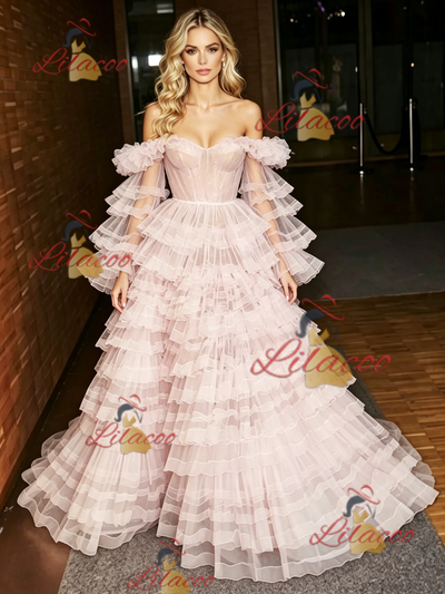 Pink Tulle Long Sleeve Tiers Prom Dress