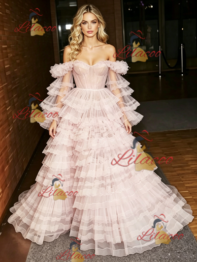 Pink Tulle Long Sleeve Tiers Prom Dress