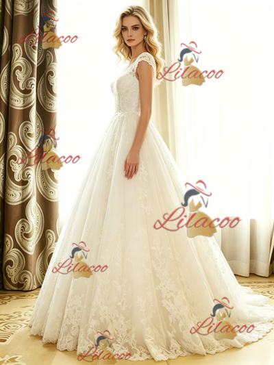 White Tulle Lace Cap Sleeve Wedding Dress