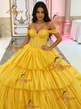 Yellow Tulle Off the Shoulder Beading Quinceanera Dress