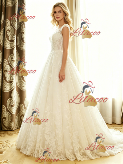 White Tulle Lace Cap Sleeve Wedding Dress
