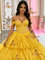 Yellow Tulle Off the Shoulder Beading Quinceanera Dress