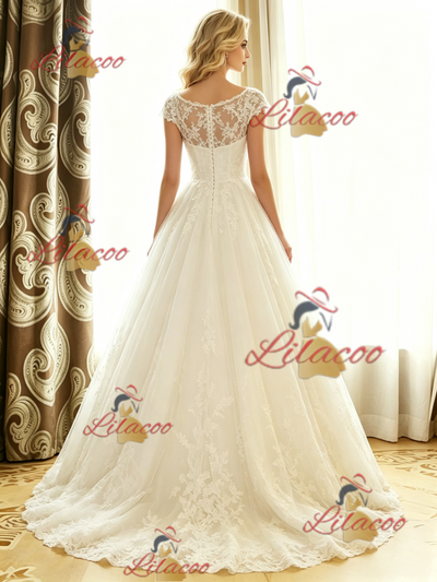 White Tulle Lace Cap Sleeve Wedding Dress