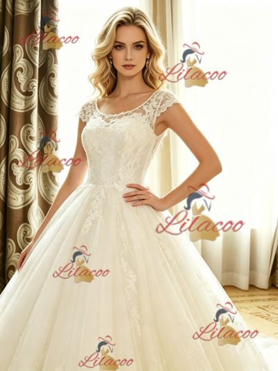 White Tulle Lace Cap Sleeve Wedding Dress