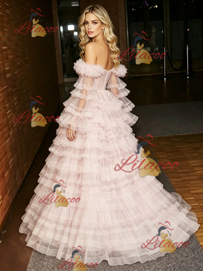 Pink Tulle Long Sleeve Tiers Prom Dress