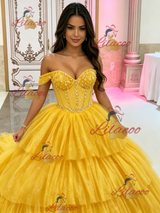 Yellow Tulle Off the Shoulder Beading Quinceanera Dress