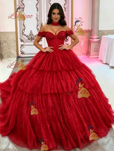Red Tulle Off the Shoulder Beading Quinceanera Dress