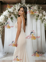 White Tulle V-neck Backless Wedding Dress