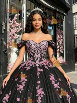 Black Tulle Off the Shoulder Appliques Quinceanera Dress