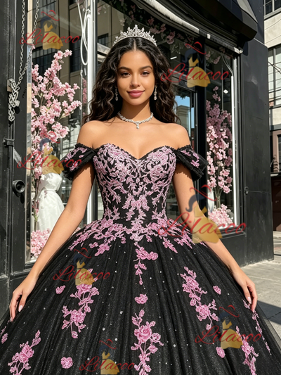 Black Tulle Off the Shoulder Appliques Quinceanera Dress