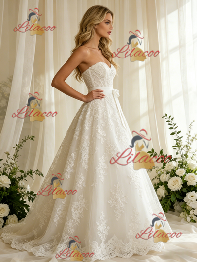 Beige Wite Tulle Appliques Strapless Wedding Dress