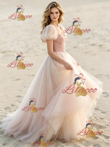 Pink Tulle Puff Sleeve Wedding Dress
