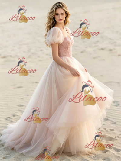 Pink Tulle Puff Sleeve Wedding Dress