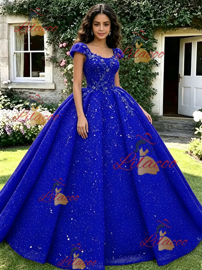 Blue Seuqins Straps Quinceanera Dress