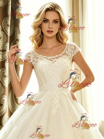 White Tulle Lace Cap Sleeve Wedding Dress