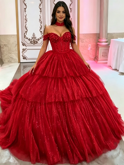 Red Tulle Off the Shoulder Beading Quinceanera Dress